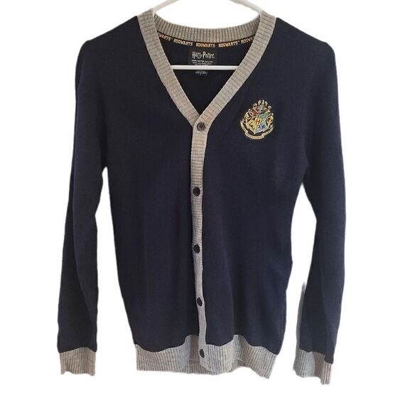Harry Potter Navy Blue Heather Gray Knit Hogwarts Sweater Cardigan Button Up - Picture 1 of 9